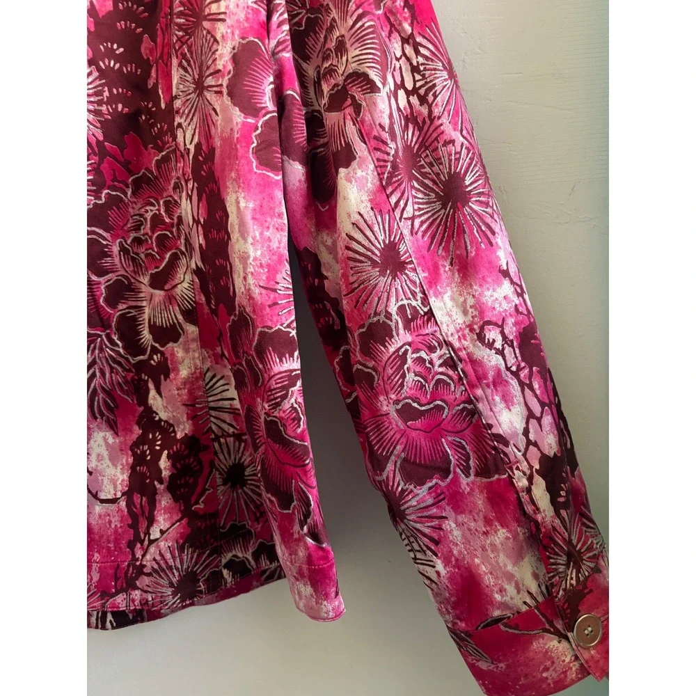 Chico's Pink Floral Button Front Jacket Size 2 Large Cotton Blend Long Sleeve - Picture 7 of 7